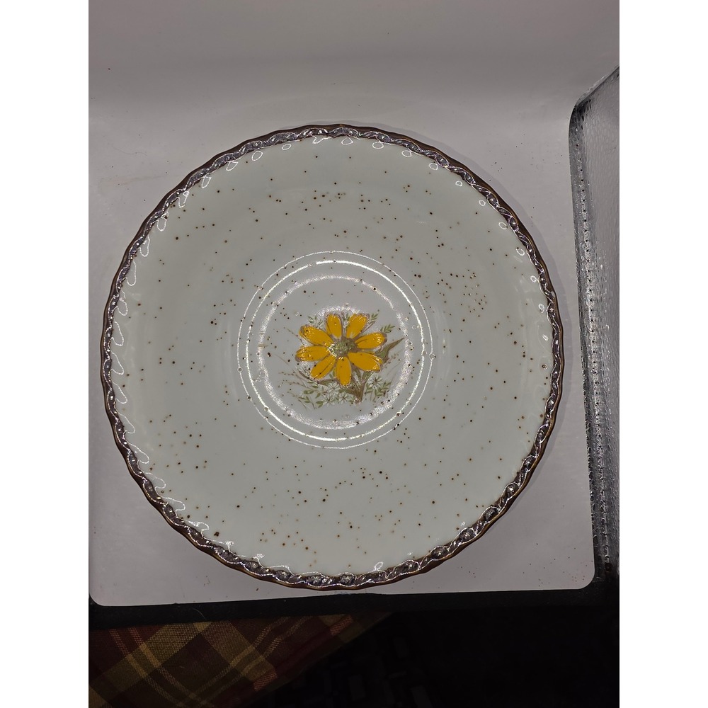 Vintage Japan Stoneware Saucer Yellow Daisy Floral Speckled Scalloped Edge Cream